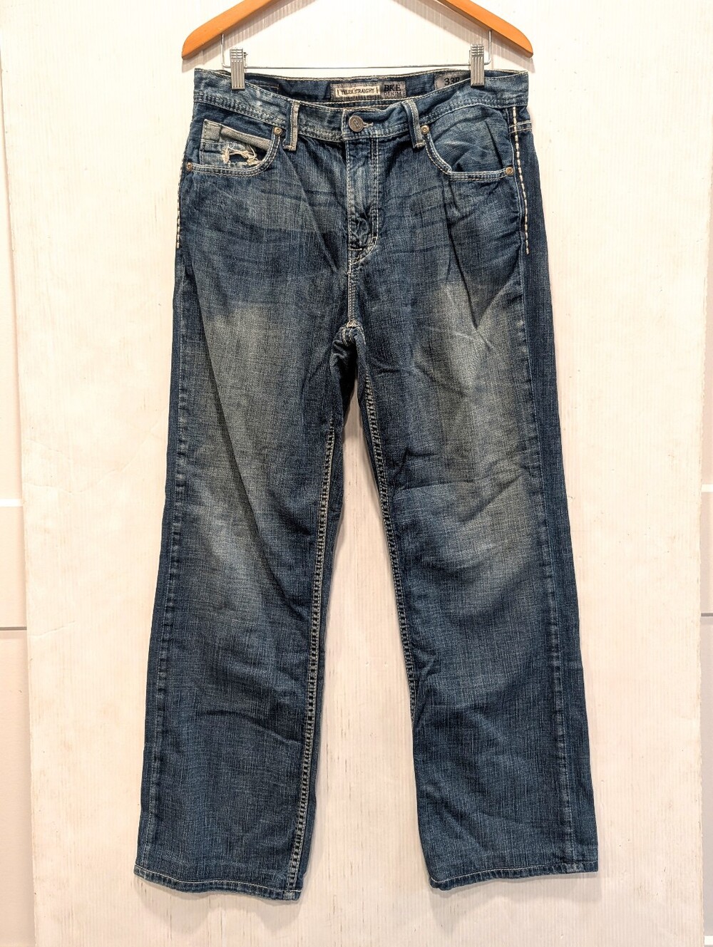 BUCKLE Tyler Straight Mens Blue Denim Straight Jeans Embroidered Pocket Size 33R